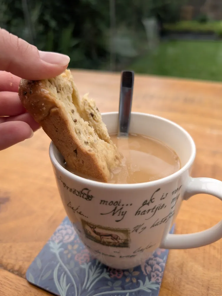 Beskuit half dunked in the coffee