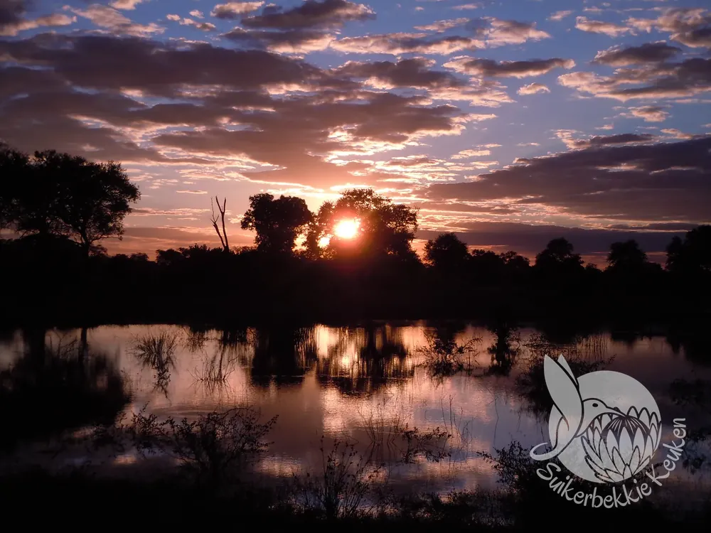 Een Afrikaanse zonsondergang weerspiegeld in stil water, Moremi (Botswana)